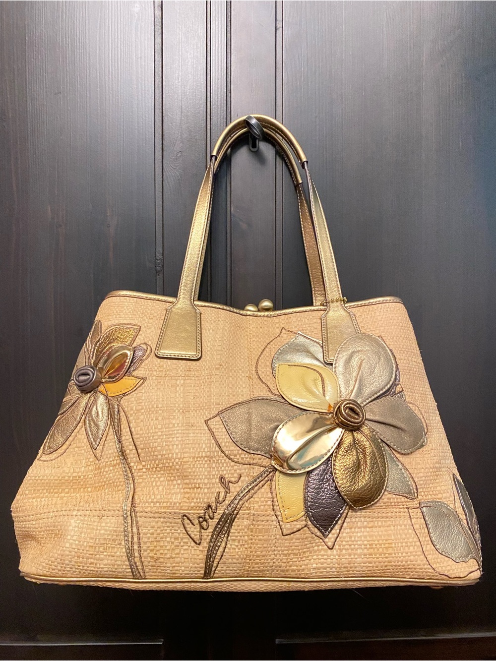 Coach Tan Tote with Gold and Brown Floral Appliqués